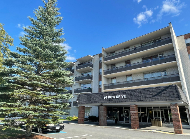 West Side Village Apartments exterior on Dow Drive in Copper Cliff, Sudbury, Ontario